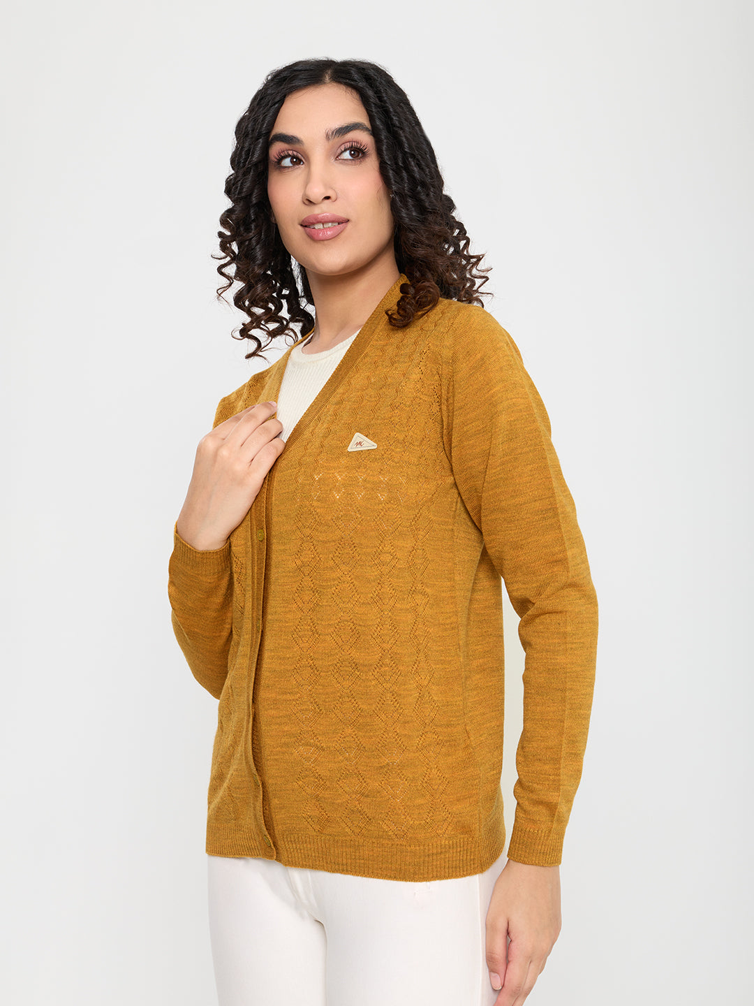 Women Gold Self Design V Neck Full Sleeve Cardigan