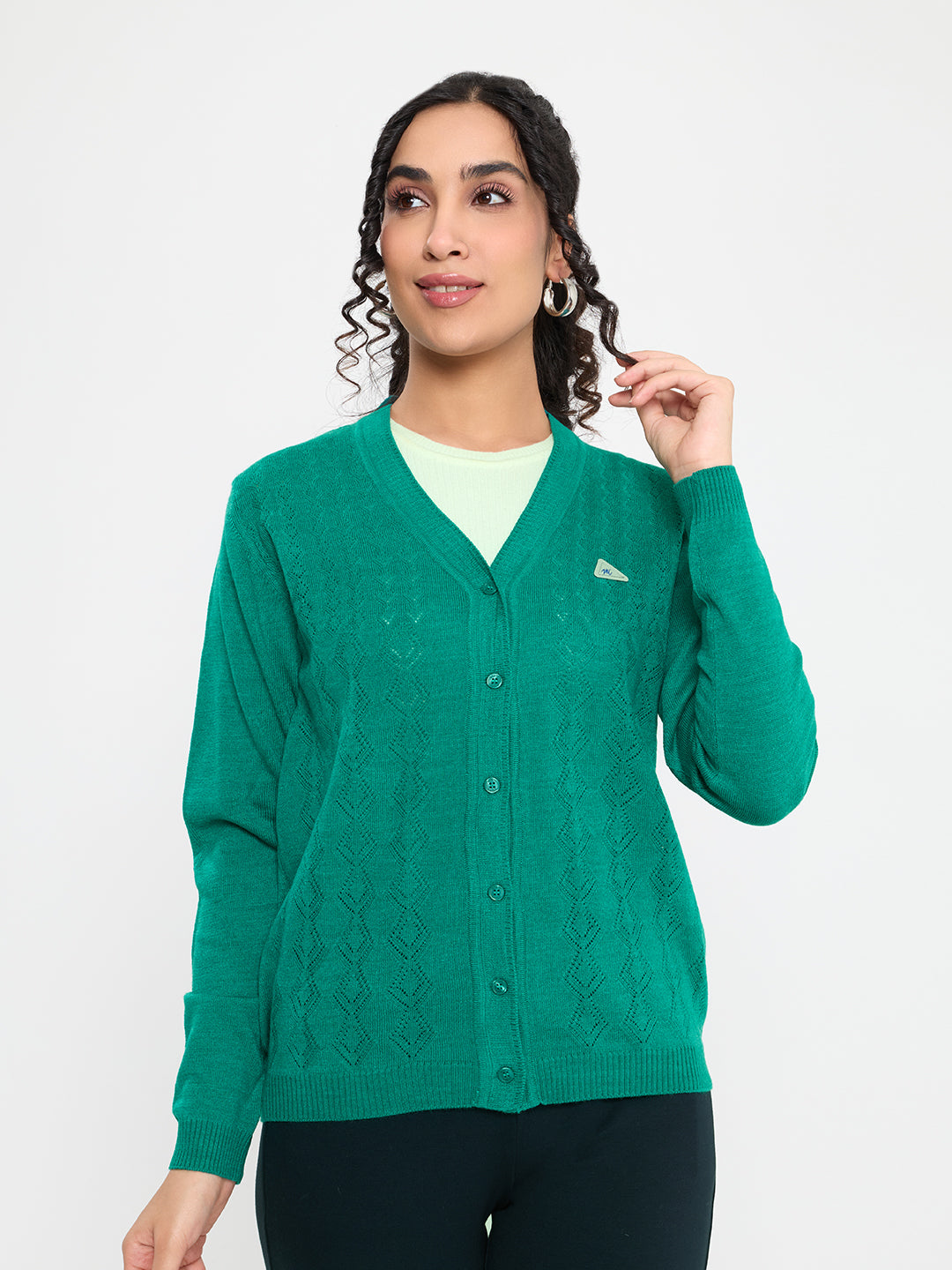 Women Green Self Design V Neck Full Sleeve Cardigan