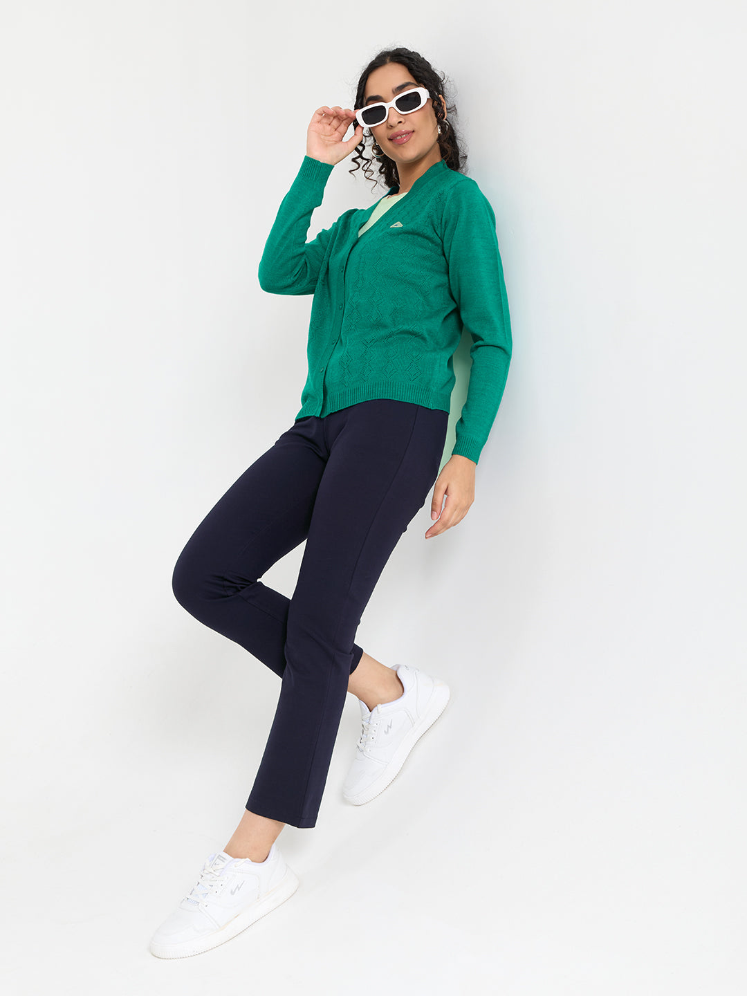 Women Green Self Design V Neck Full Sleeve Cardigan