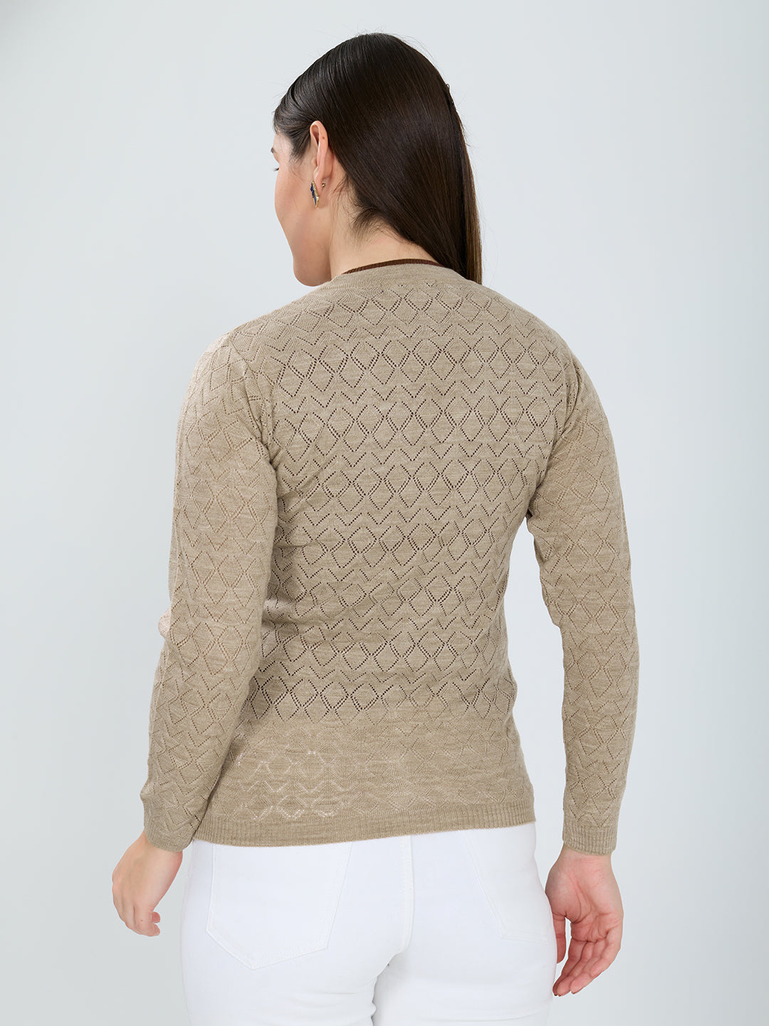 Women Beige Self Design V Neck Full Sleeve Cardigan