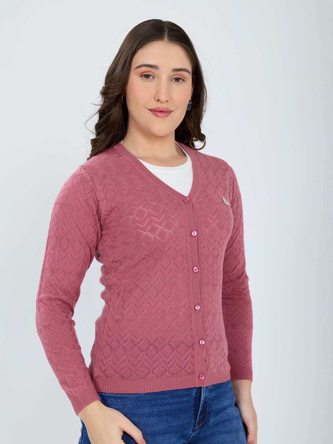 Women Pink Self Design V Neck Full Sleeve Cardigan
