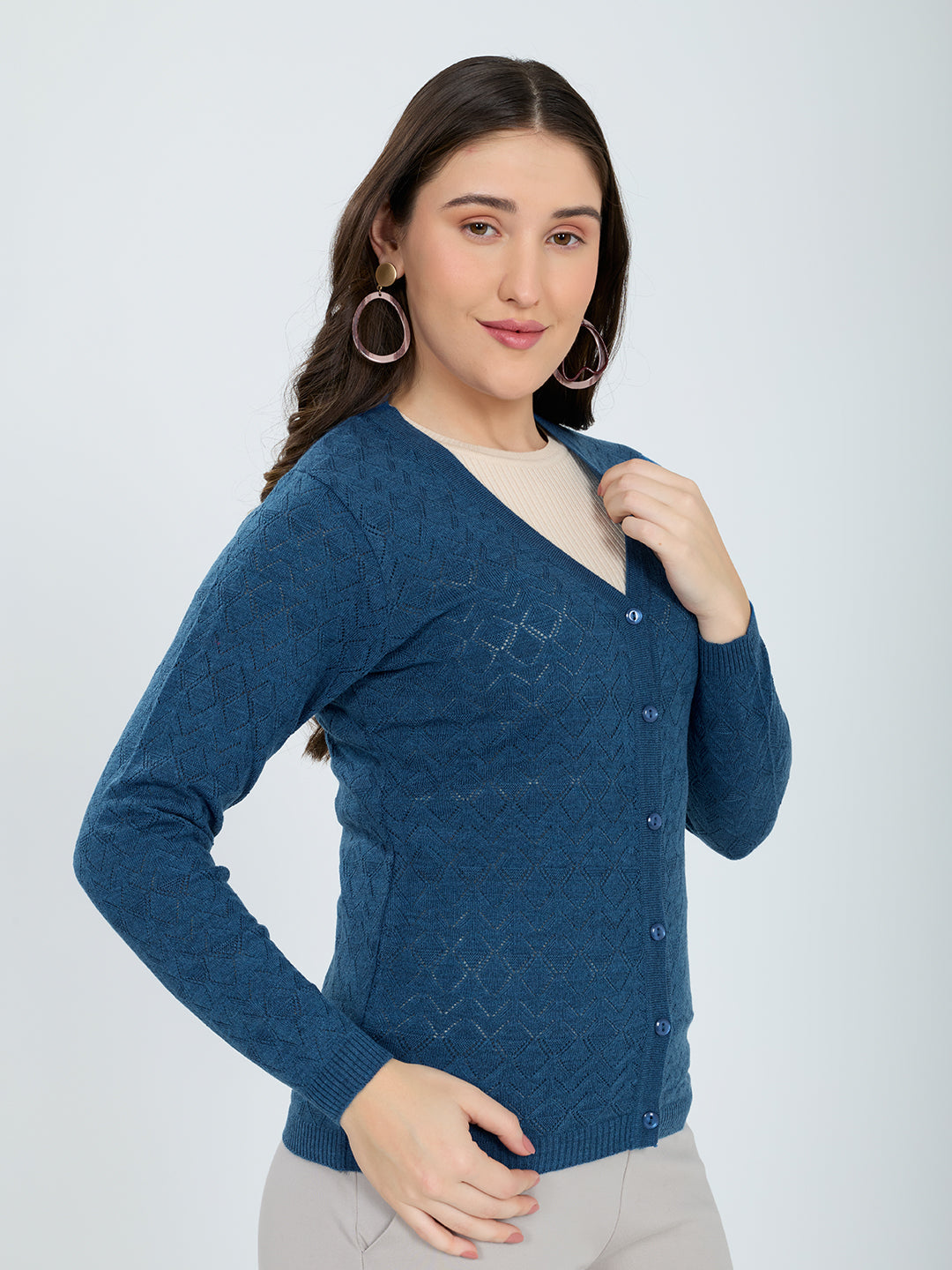 Women Blue Self Design V Neck Full Sleeve Cardigan