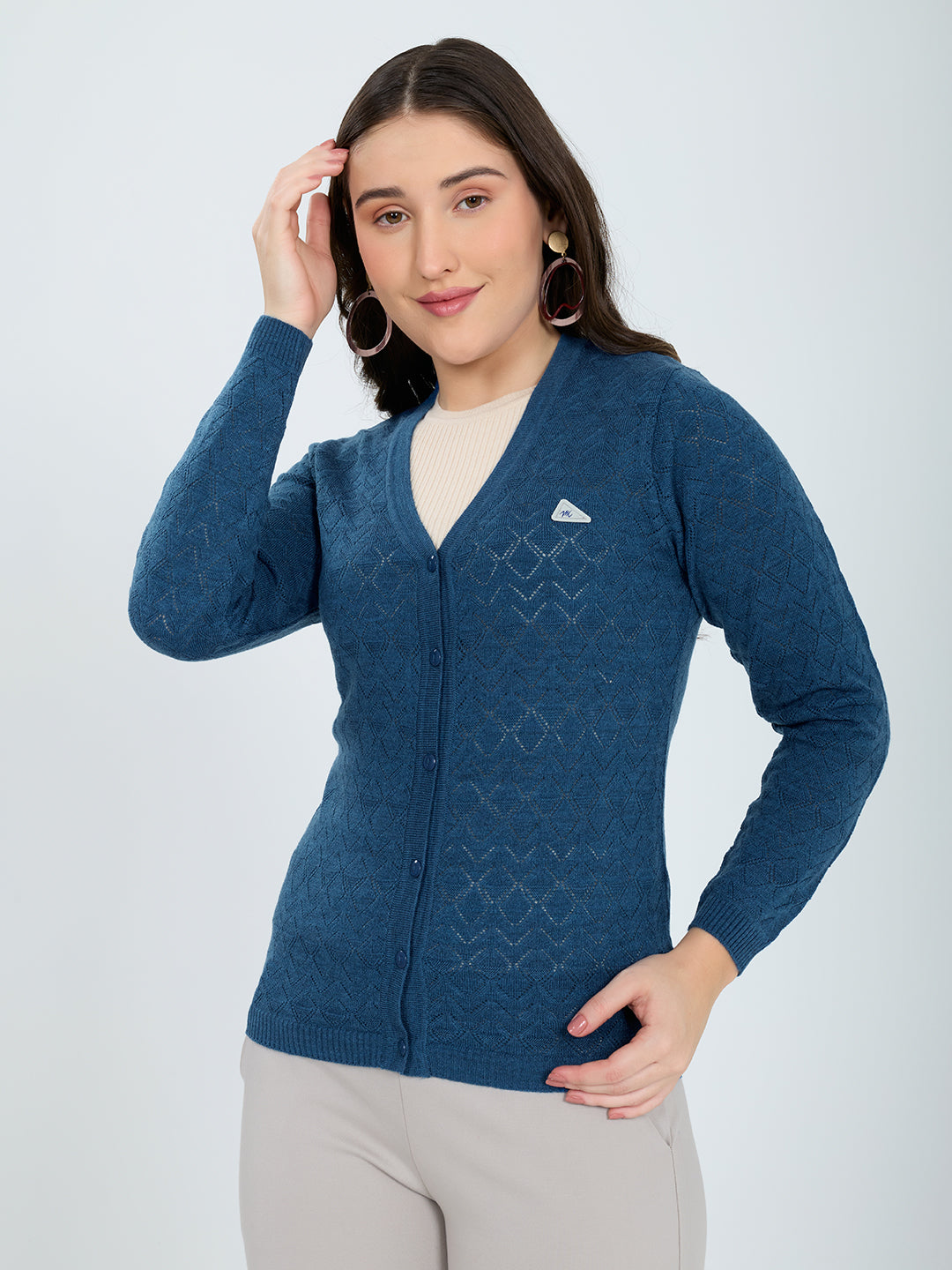 Women Blue Self Design V Neck Full Sleeve Cardigan