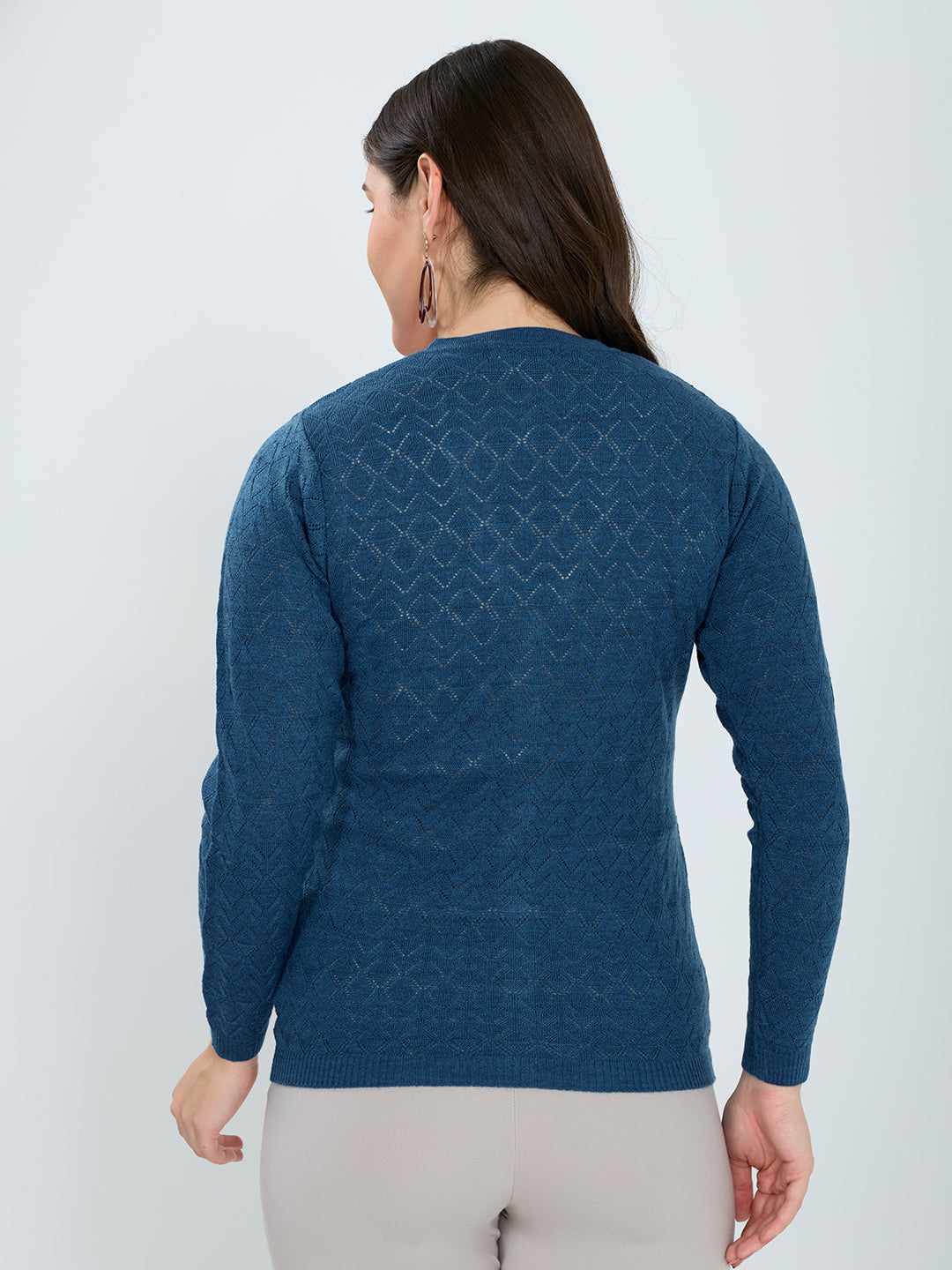Women Blue Self Design V Neck Full Sleeve Cardigan