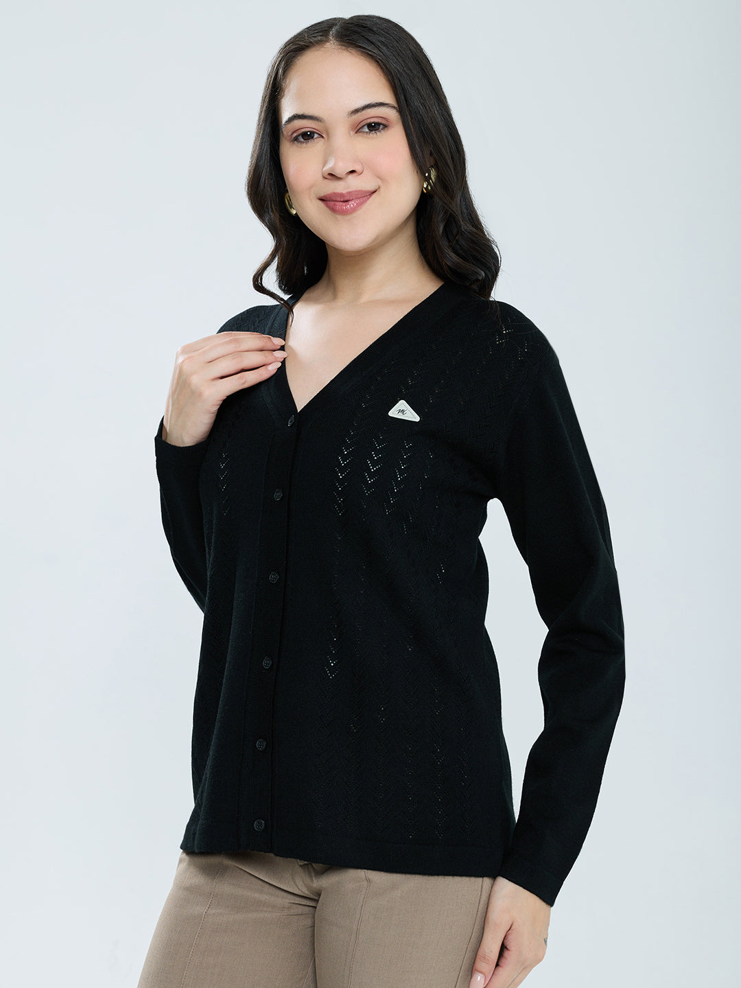 Women Black Self Design V Neck Full Sleeve Cardigan