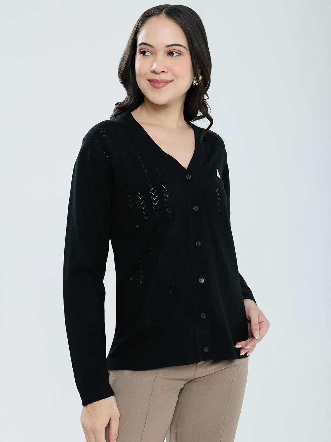 Women Black Self Design V Neck Full Sleeve Cardigan