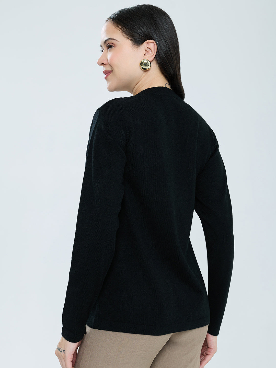 Women Black Self Design V Neck Full Sleeve Cardigan
