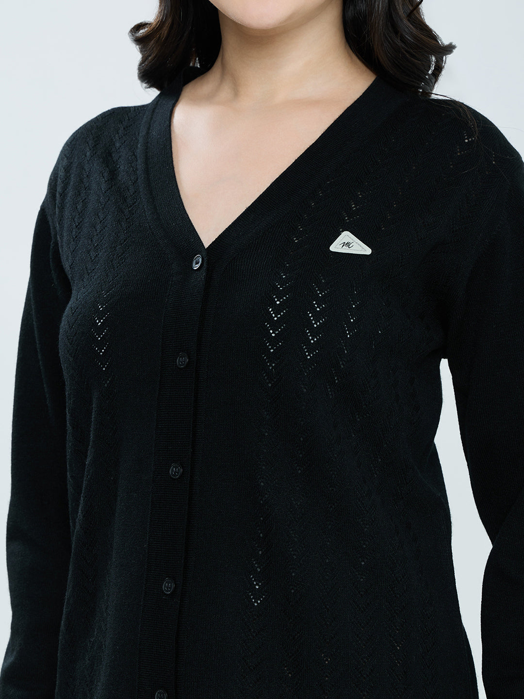 Women Black Self Design V Neck Full Sleeve Cardigan