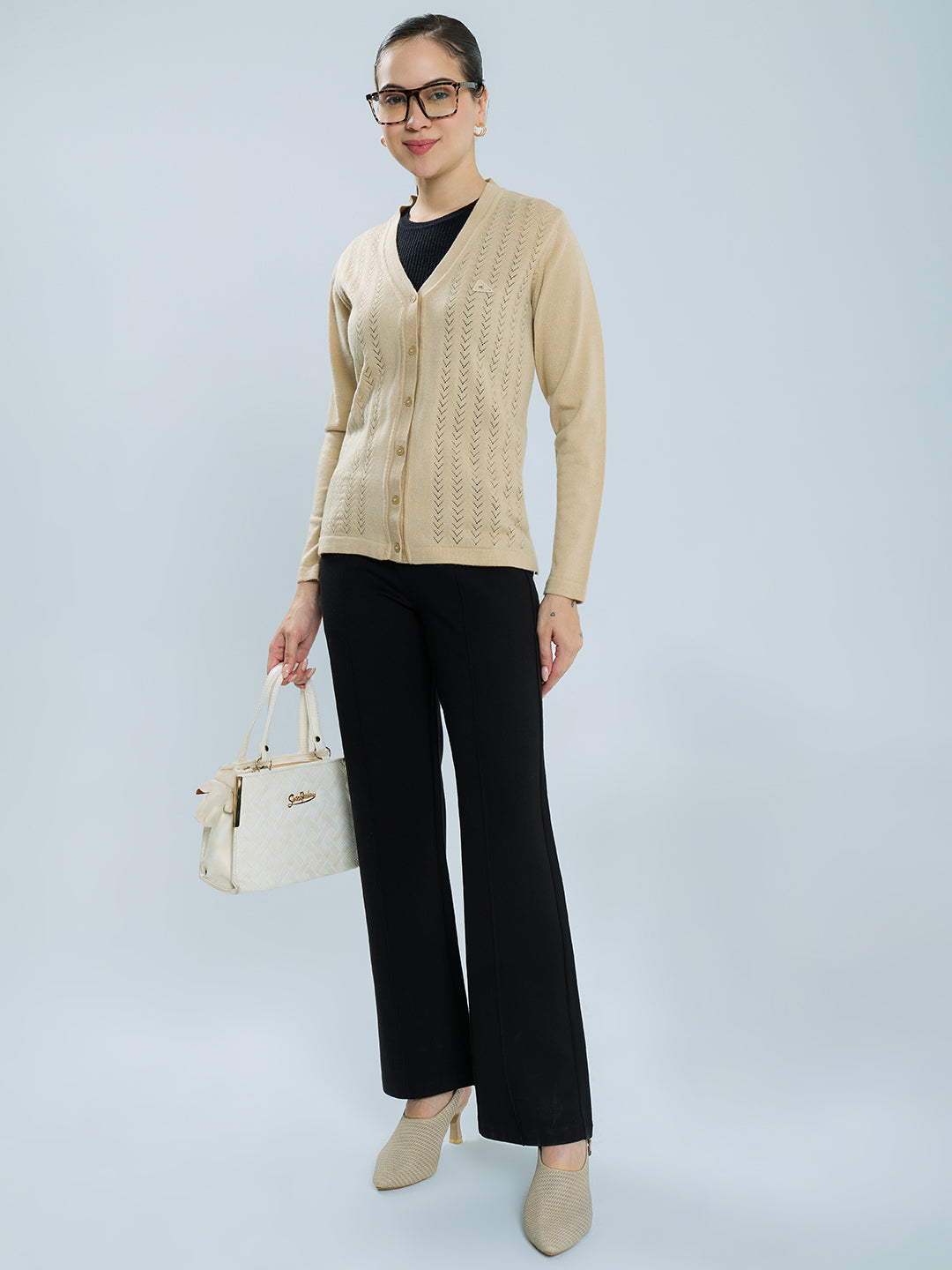 Women Camel Brown Self Design V Neck Full Sleeve Cardigan