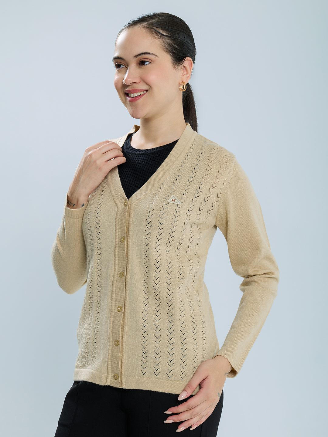 Women Camel Brown Self Design V Neck Full Sleeve Cardigan