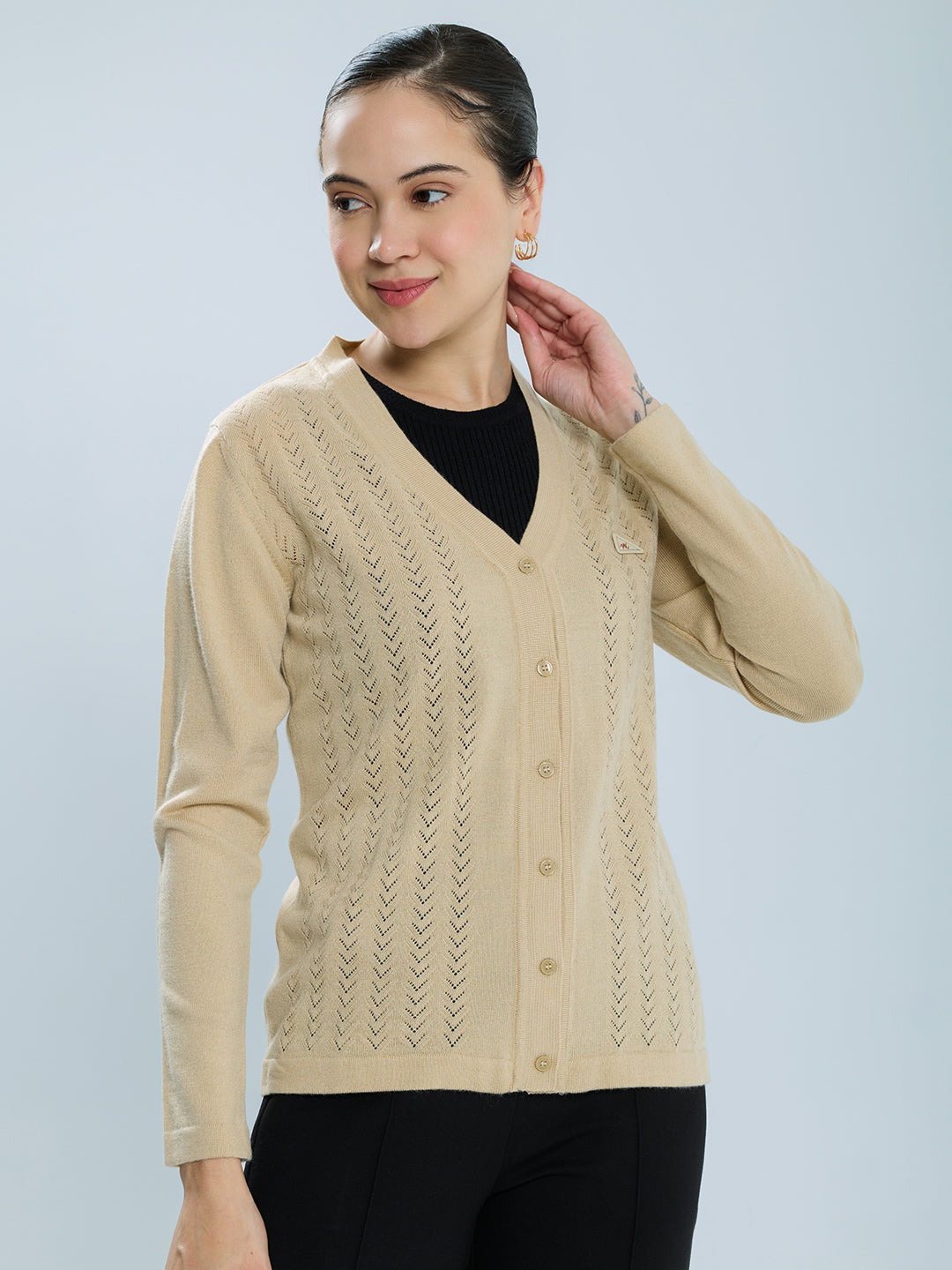 Women Camel Brown Self Design V Neck Full Sleeve Cardigan