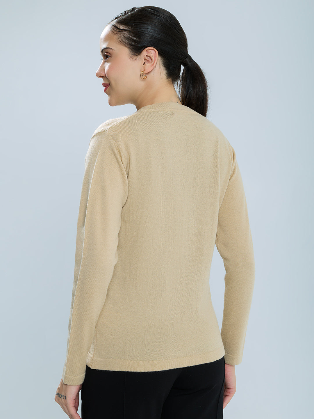 Women Camel Brown Self Design V Neck Full Sleeve Cardigan