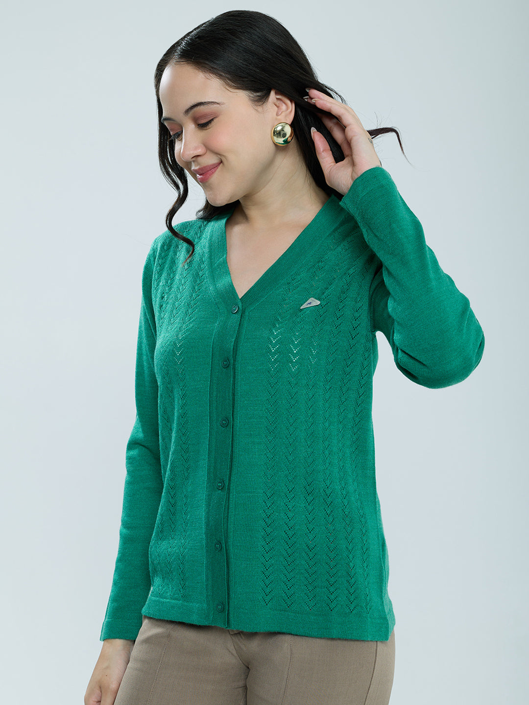 Women Green Self Design V Neck Full Sleeve Cardigan