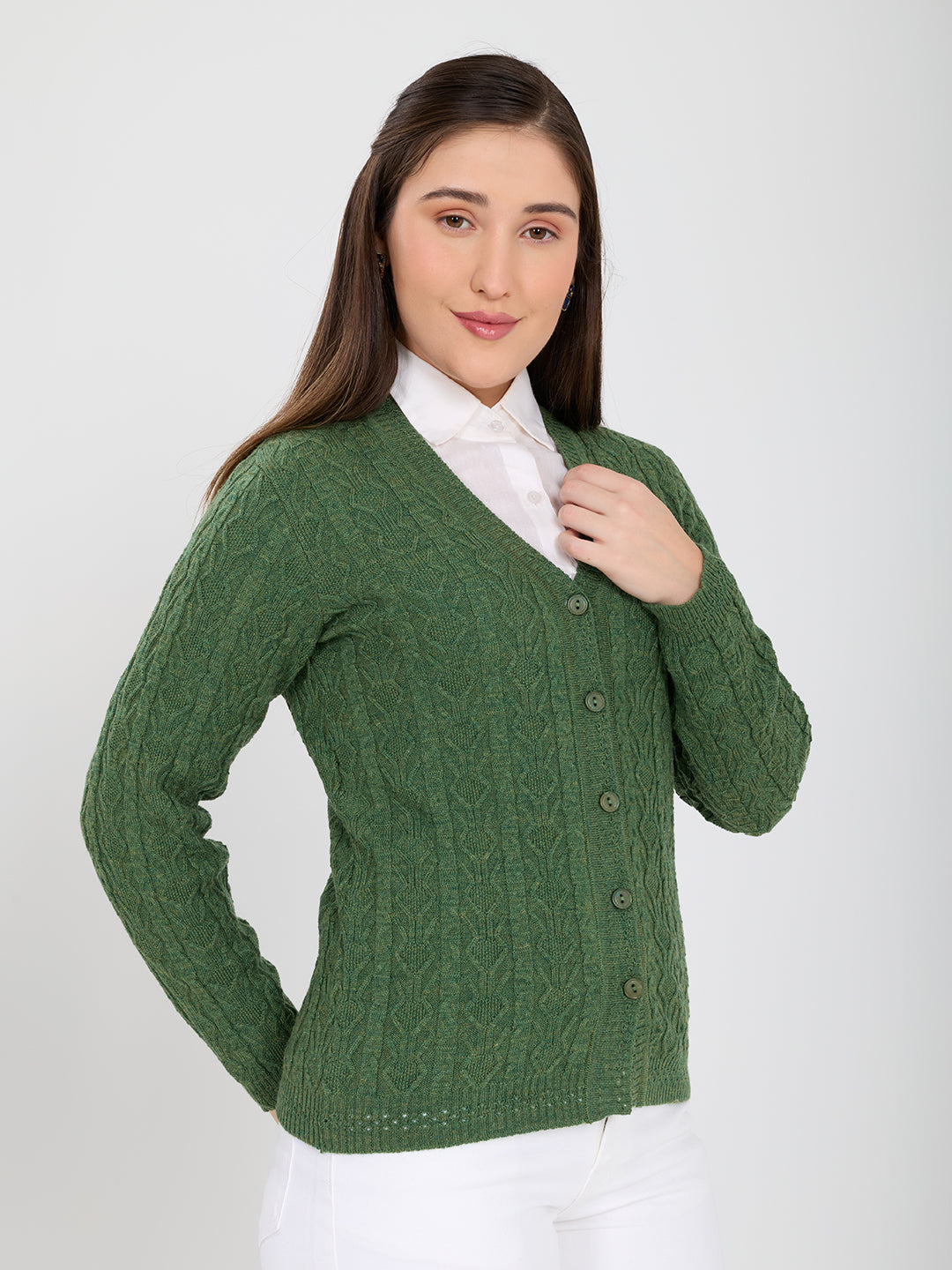 Women Green Self Design V Neck Full Sleeve Cardigan