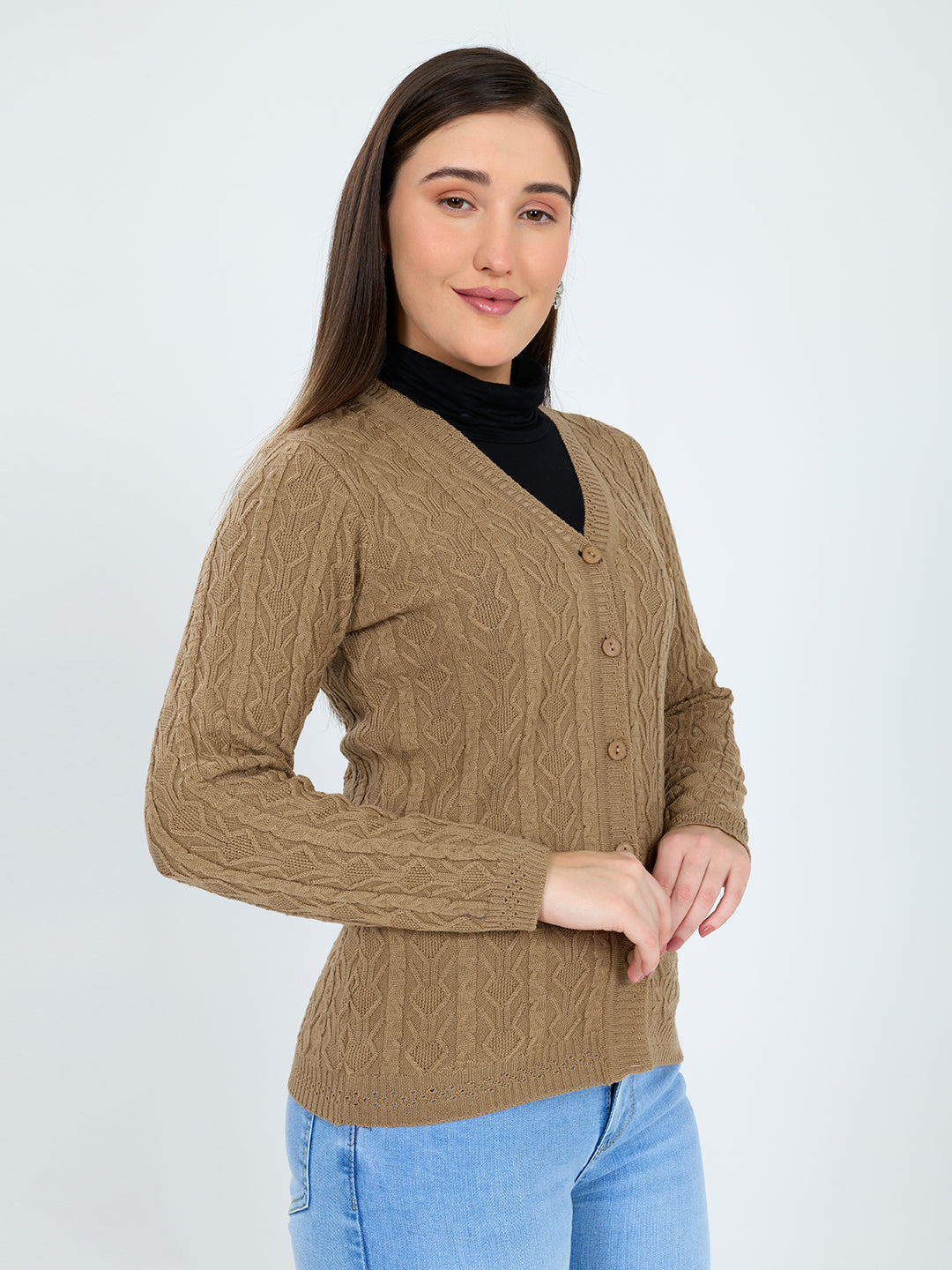 Women Camel Brown Self Design V Neck Full Sleeve Cardigan