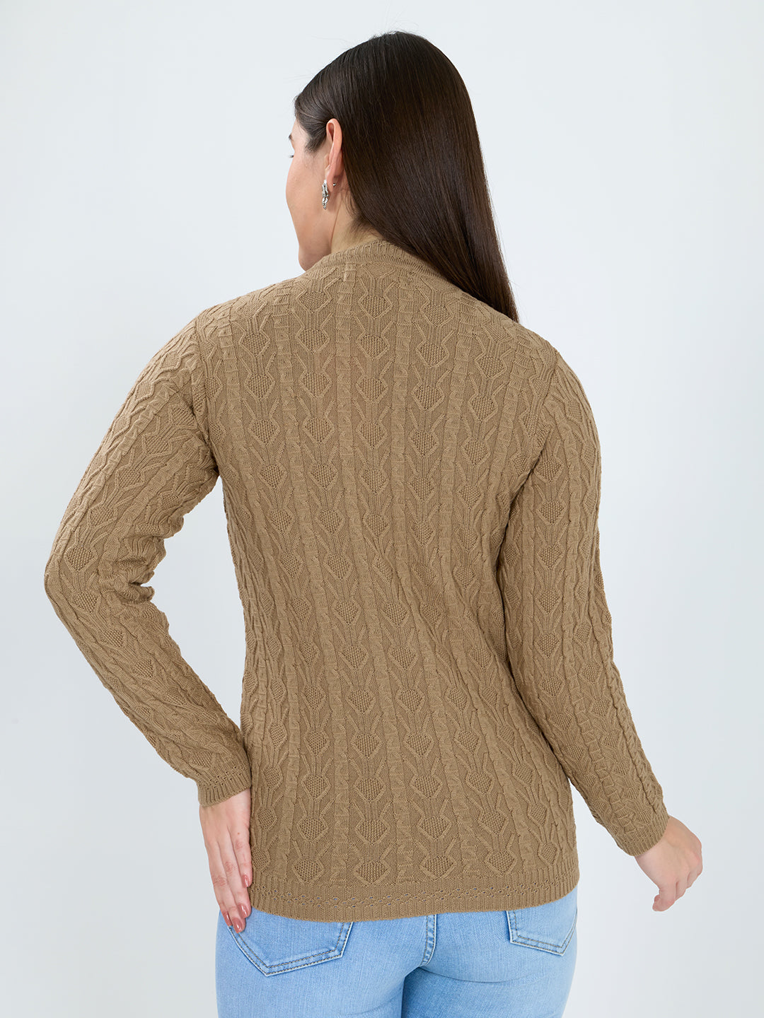 Women Camel Brown Self Design V Neck Full Sleeve Cardigan