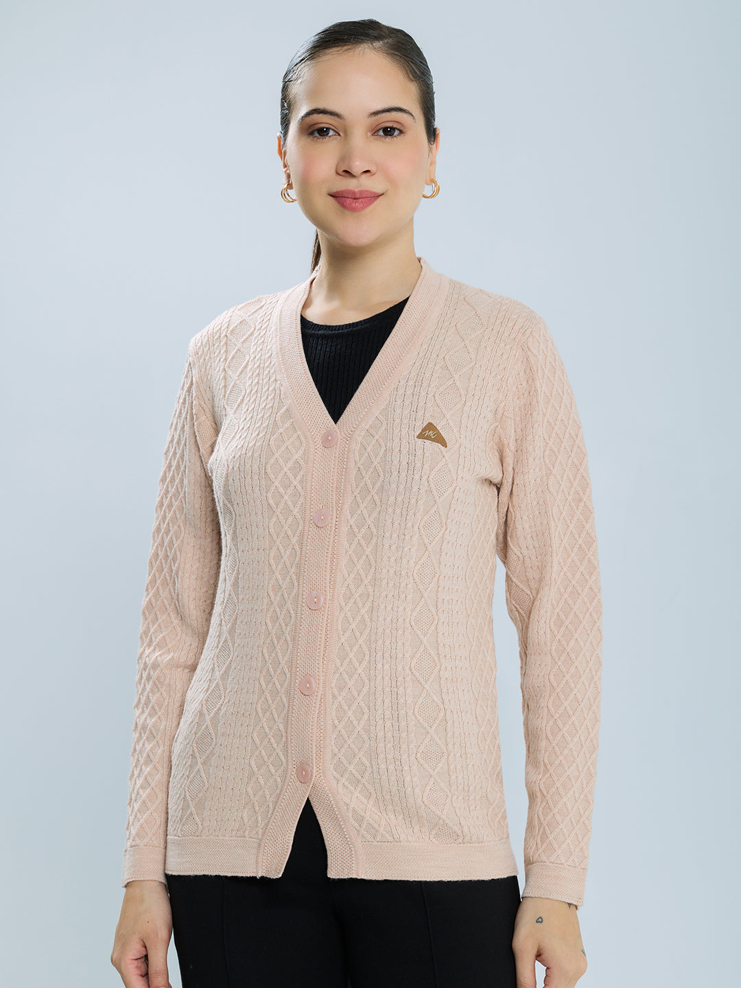 Women Beige Self Design V Neck Full Sleeve Cardigan