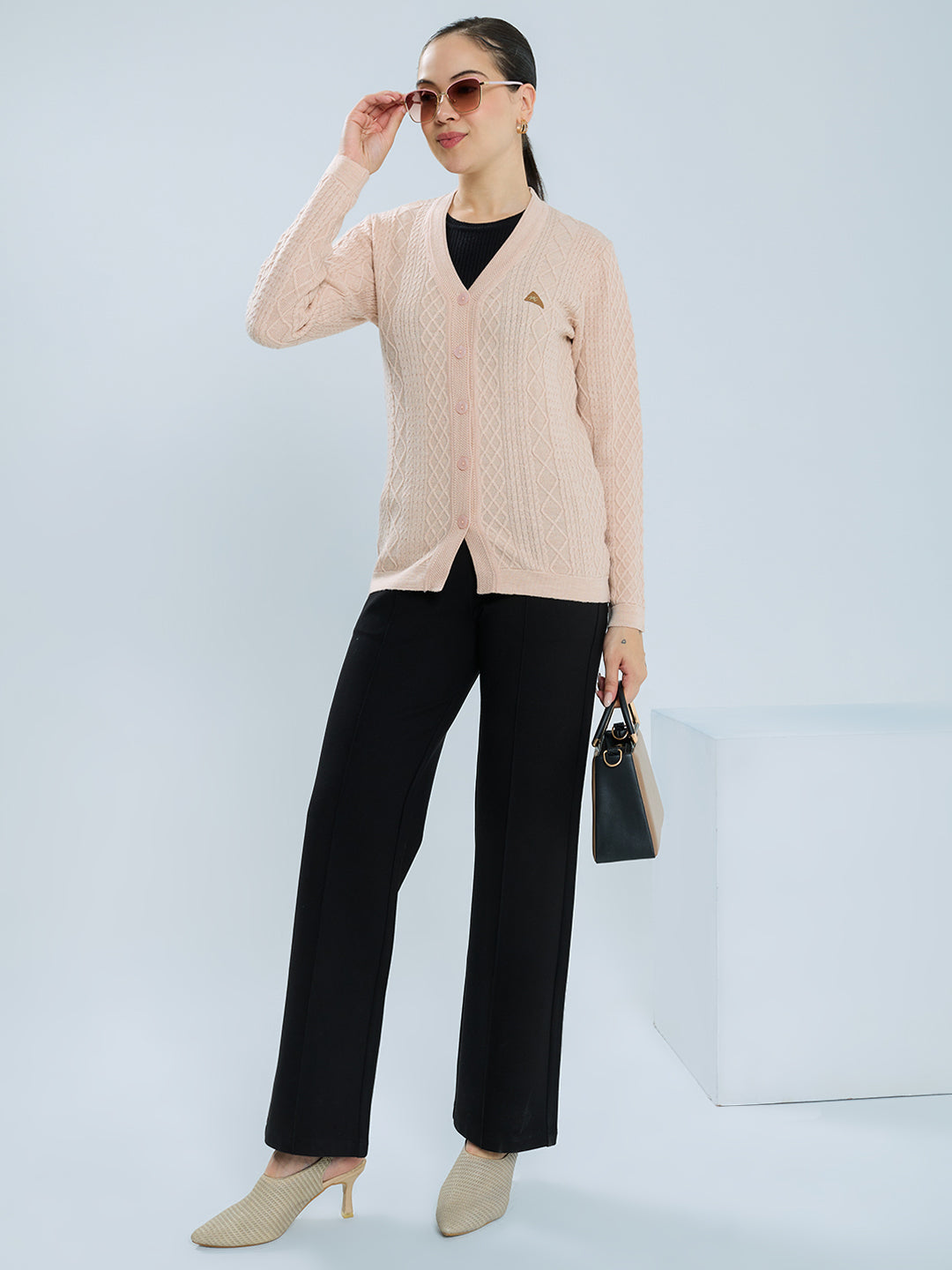 Women Beige Self Design V Neck Full Sleeve Cardigan