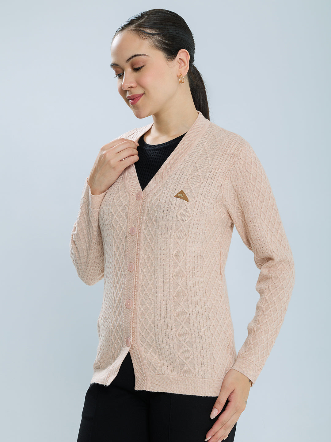 Women Beige Self Design V Neck Full Sleeve Cardigan