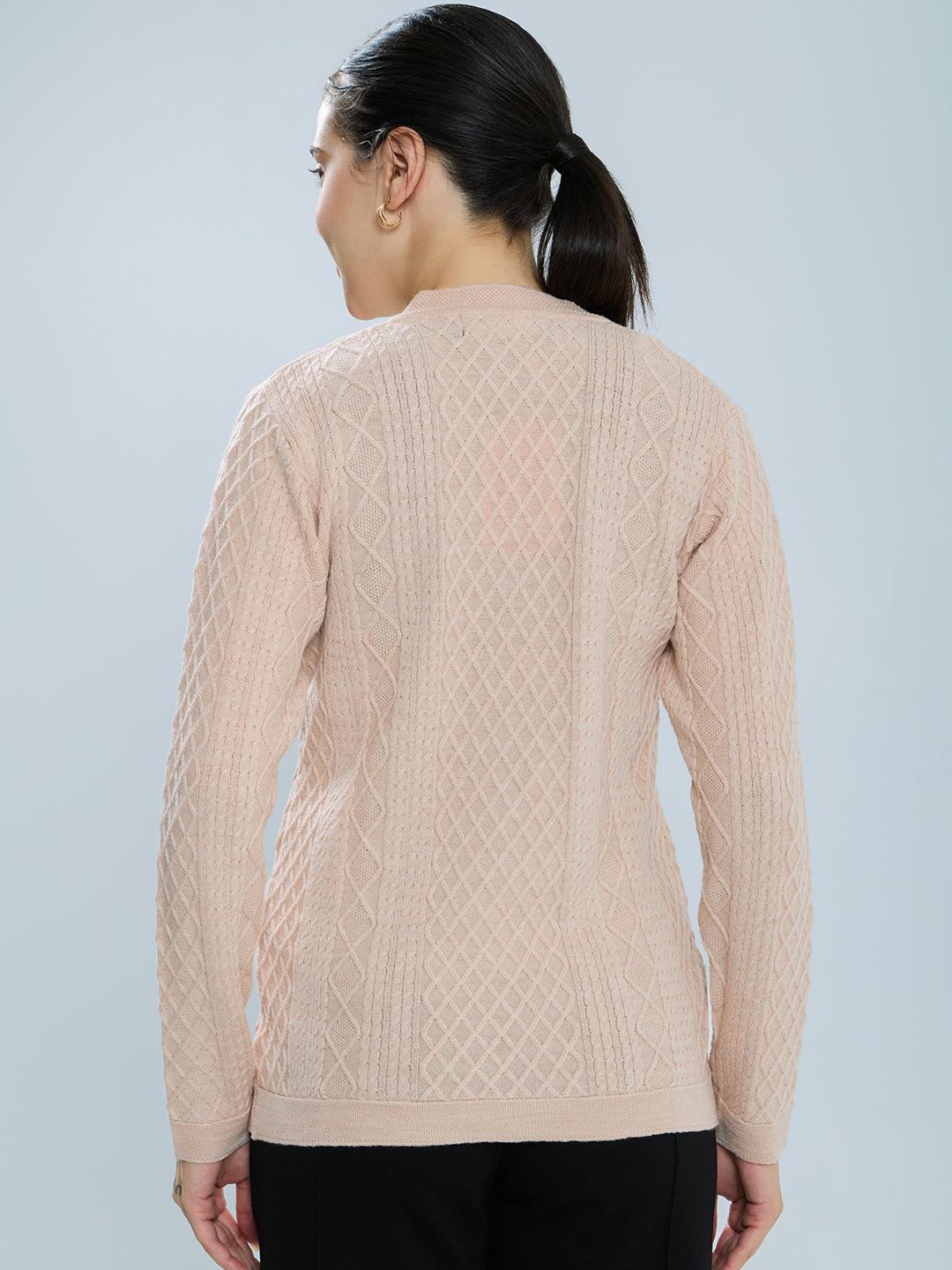 Women Beige Self Design V Neck Full Sleeve Cardigan