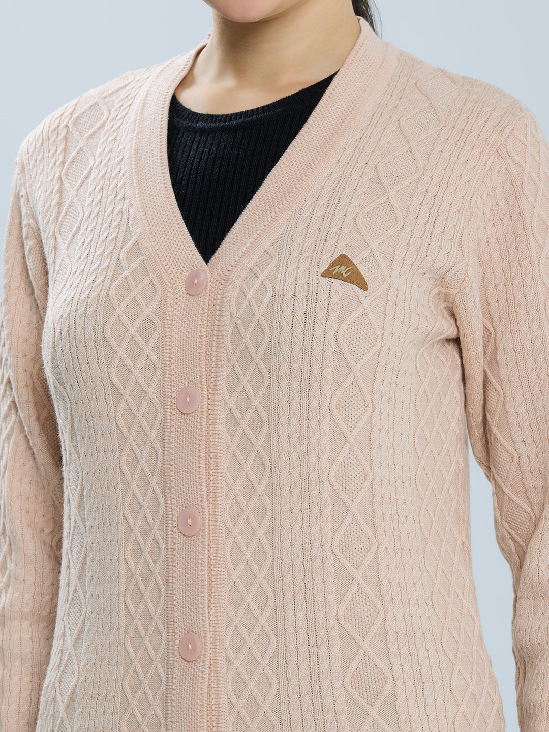 Women Beige Self Design V Neck Full Sleeve Cardigan