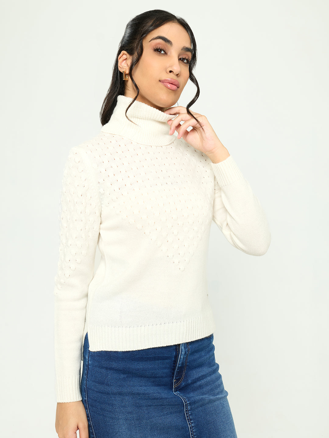 Women White Self Design Turtle Neck Full Sleeve Winter Top