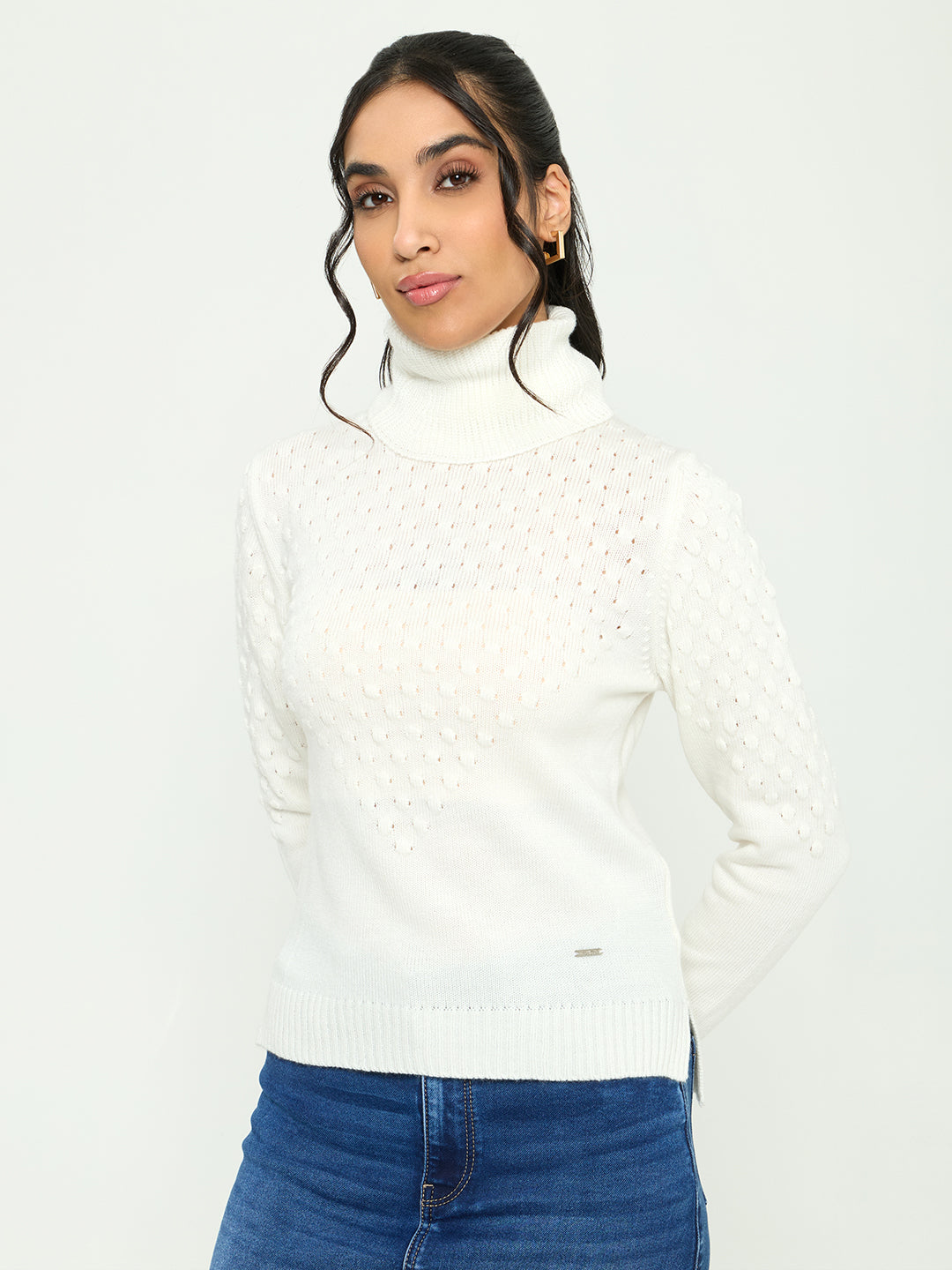 Women White Self Design Turtle Neck Full Sleeve Winter Top