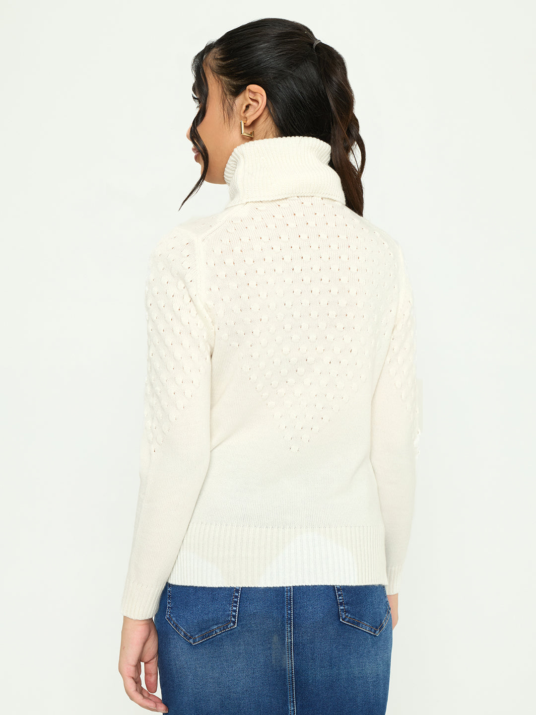 Women White Self Design Turtle Neck Full Sleeve Winter Top