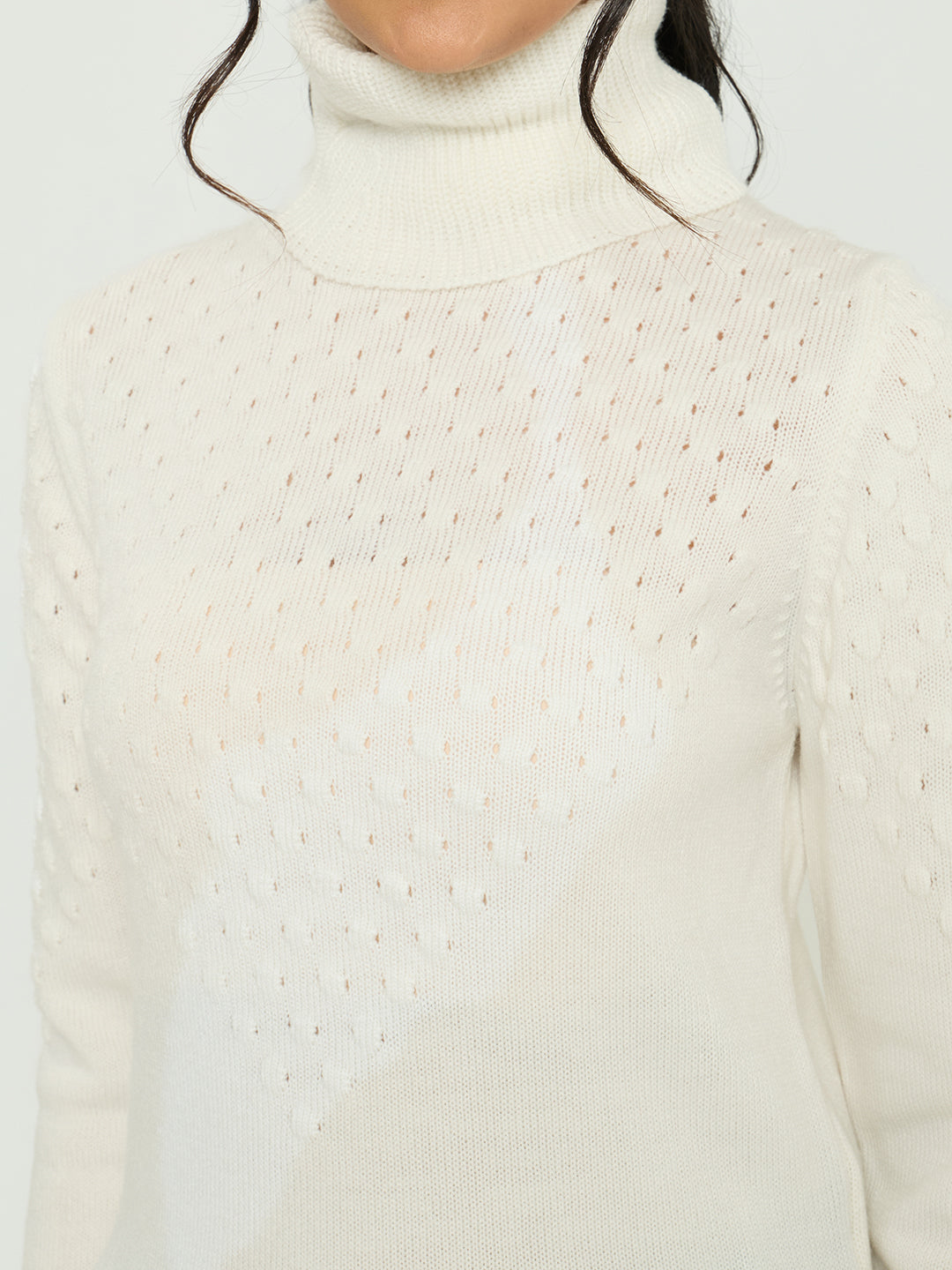 Women White Self Design Turtle Neck Full Sleeve Winter Top