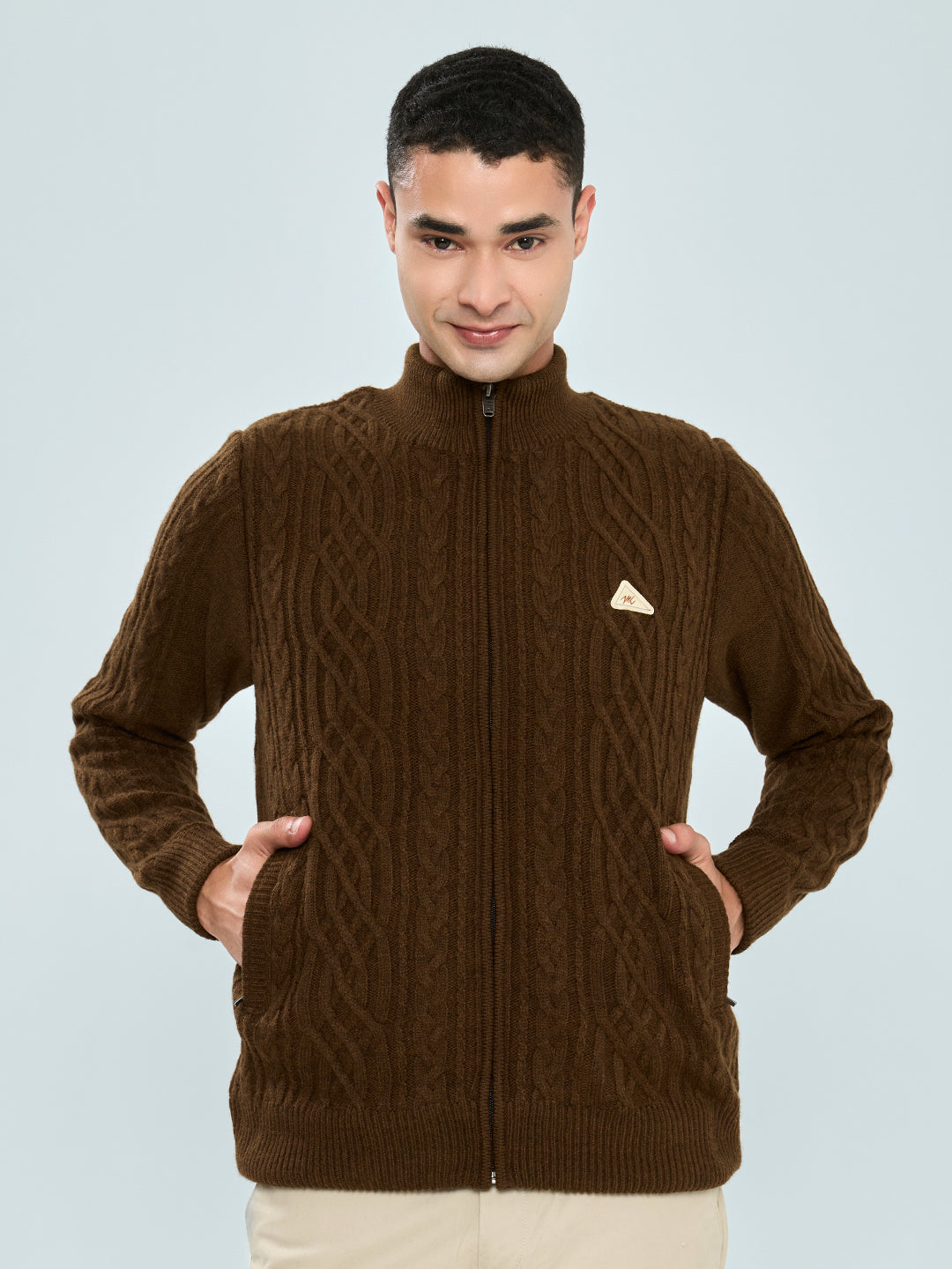 Men Brown Self Design Turtle Neck Full Sleeve Knitted Jacket