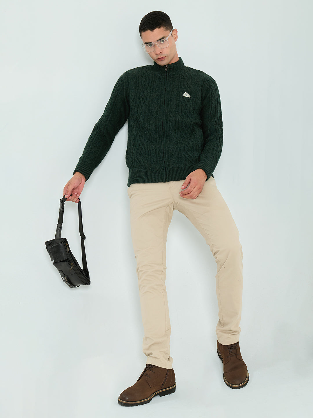 Men Green Self Design Turtle Neck Full Sleeve Knitted Jacket