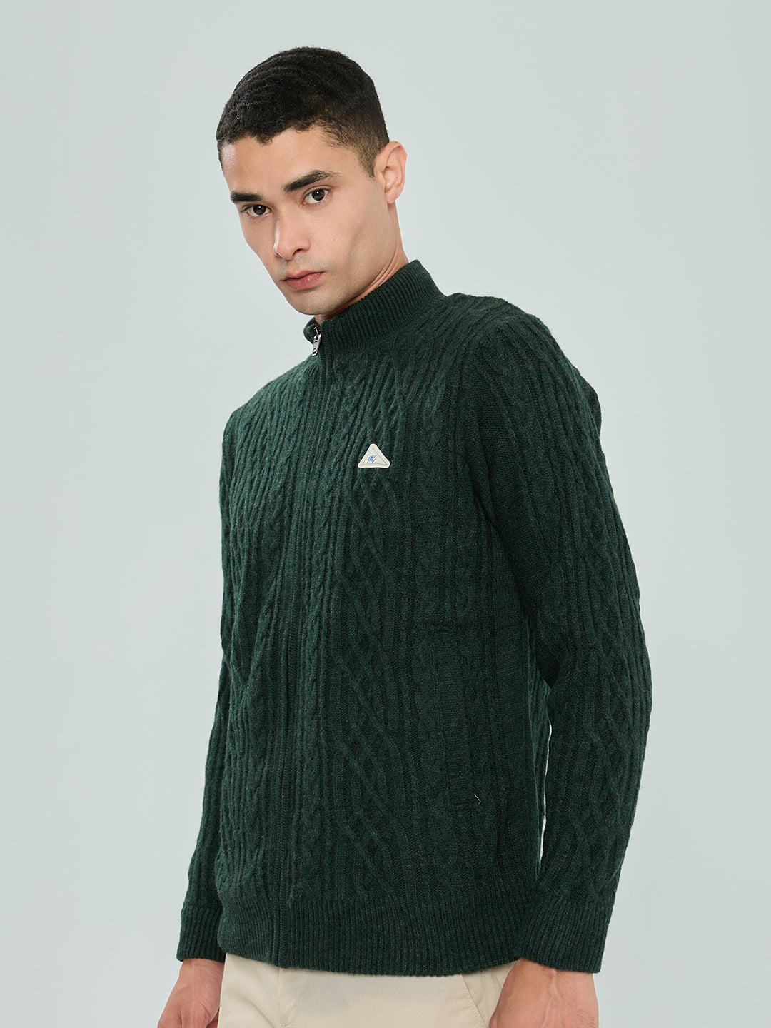 Men Green Self Design Turtle Neck Full Sleeve Knitted Jacket