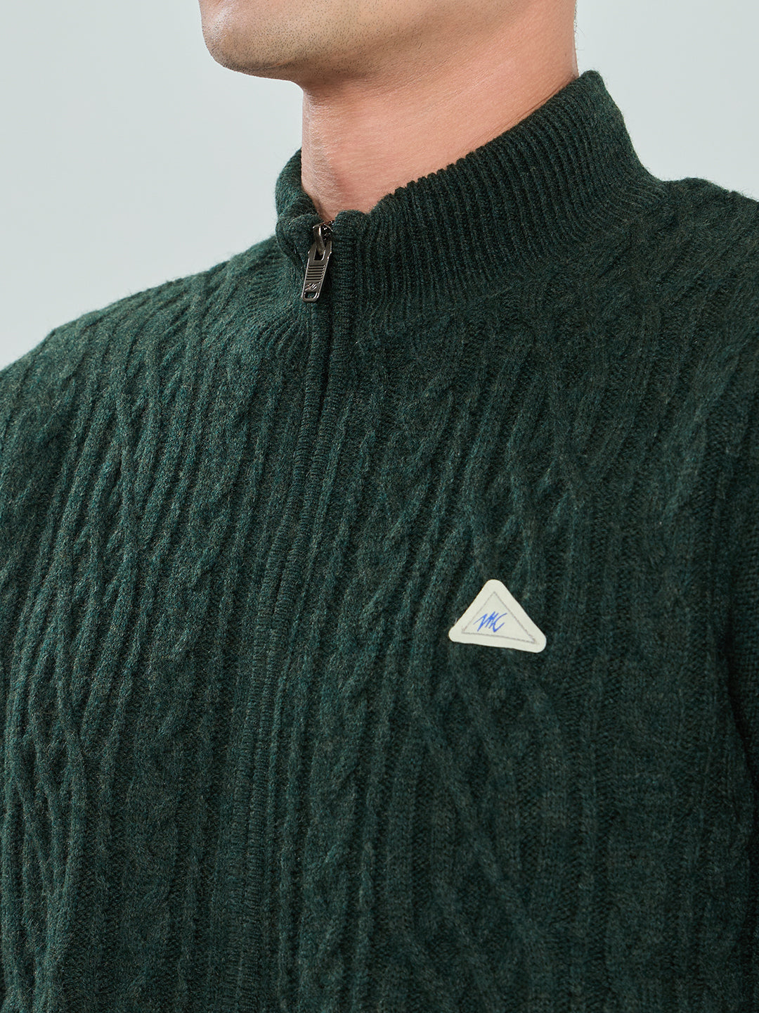 Men Green Self Design Turtle Neck Full Sleeve Knitted Jacket