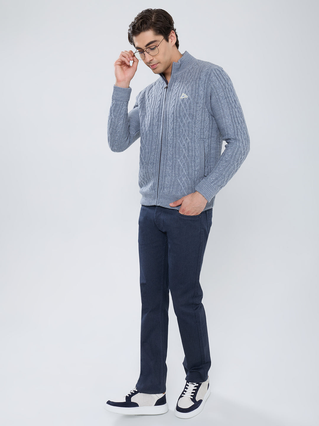 Men Grey Self Design Turtle Neck Full Sleeve Knitted Jacket