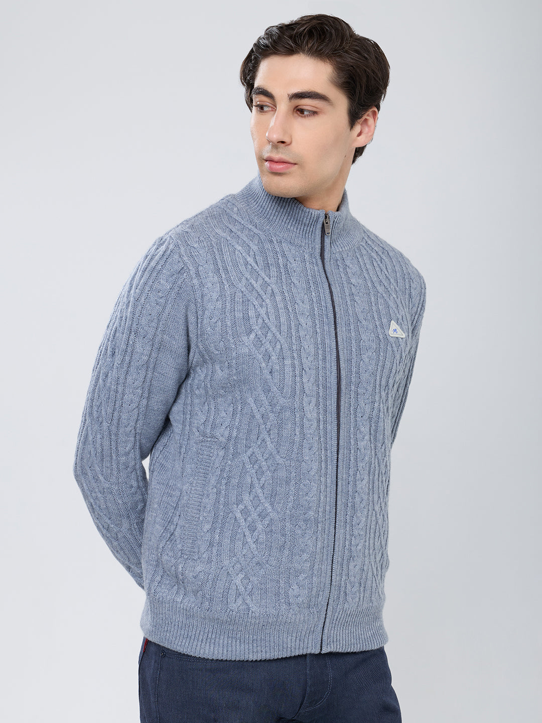 Men Grey Self Design Turtle Neck Full Sleeve Knitted Jacket