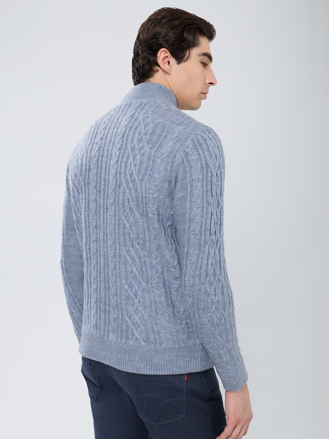 Men Grey Self Design Turtle Neck Full Sleeve Knitted Jacket