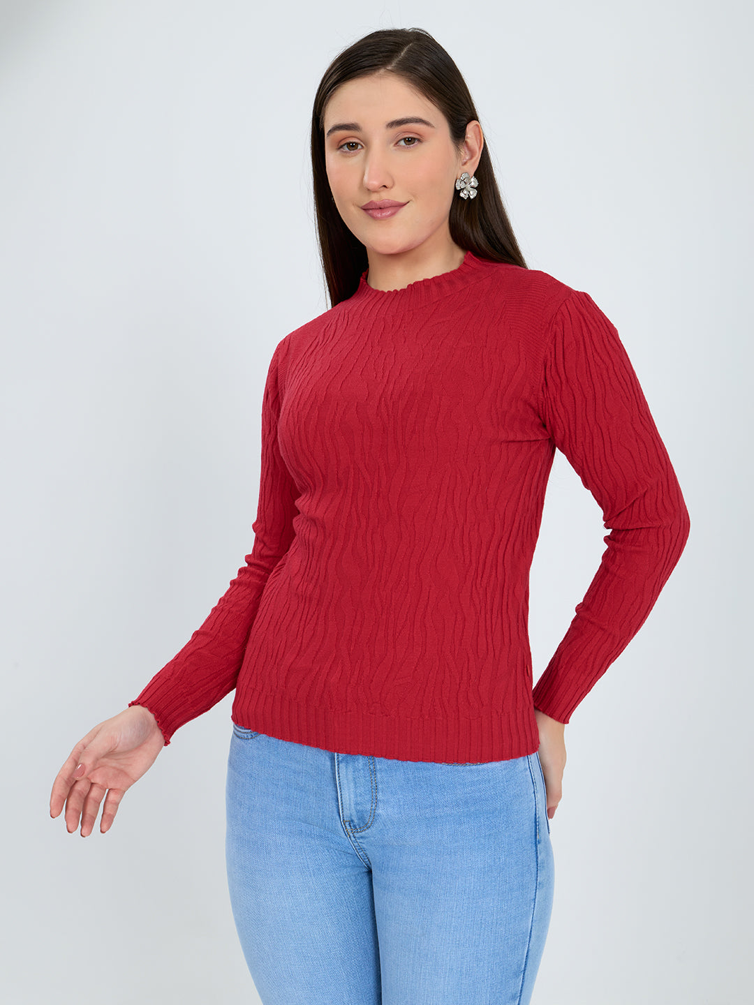 Women Red Designer High Neck Full Sleeve Winter Top