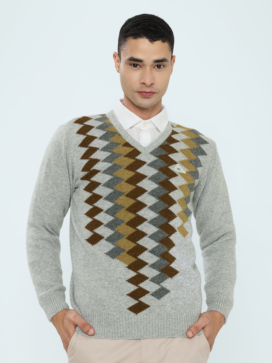 Men Grey Self Design V Neck Full Sleeve Pullover