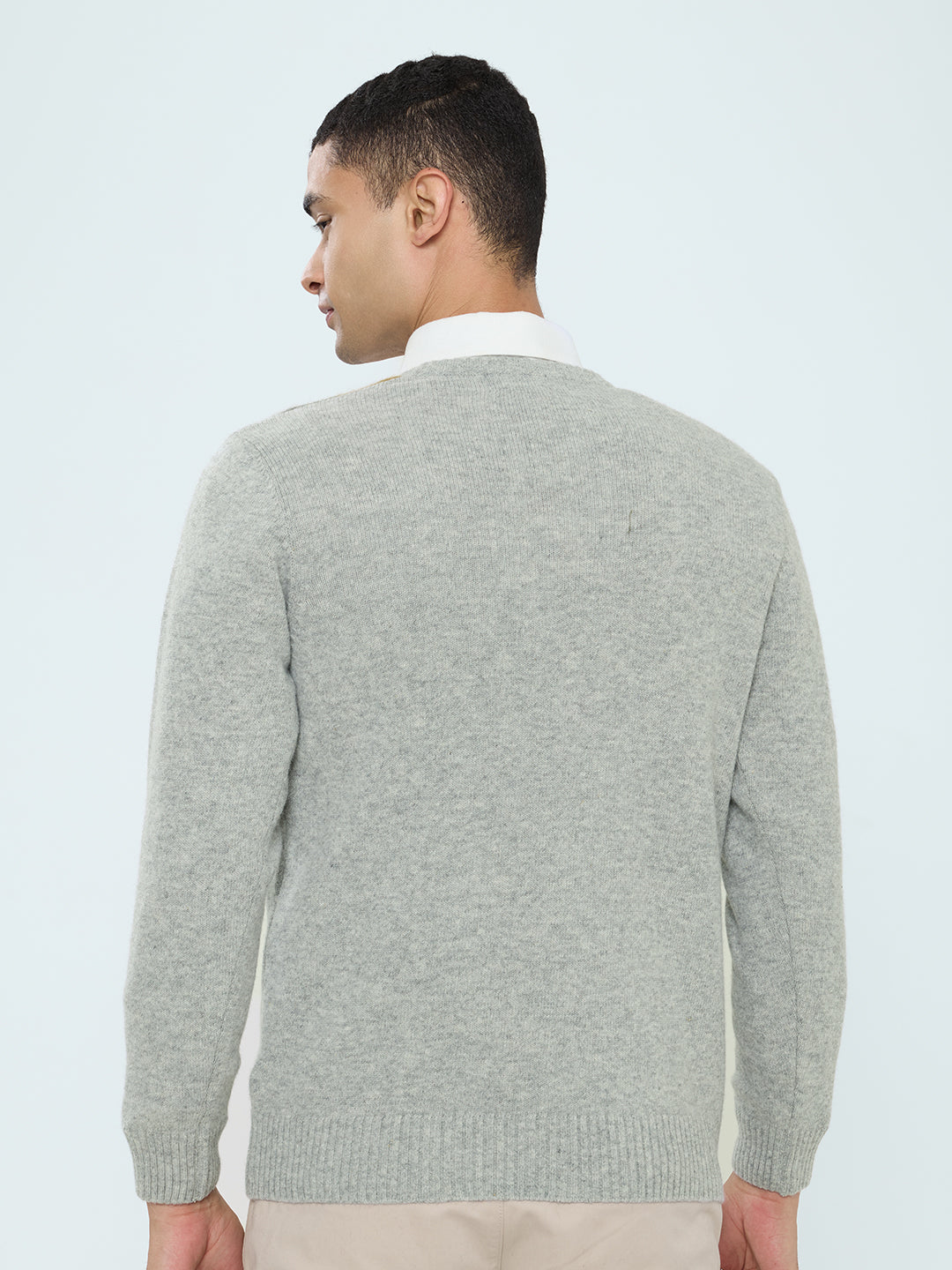 Men Grey Self Design V Neck Full Sleeve Pullover