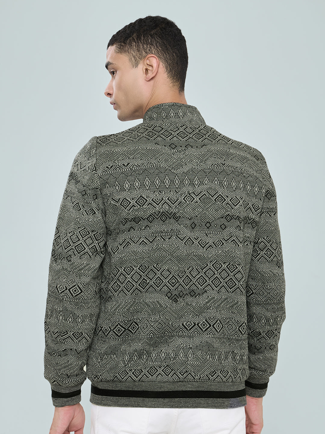 Men Grey Self Design Turtle Neck Full Sleeve Knitted Jacket