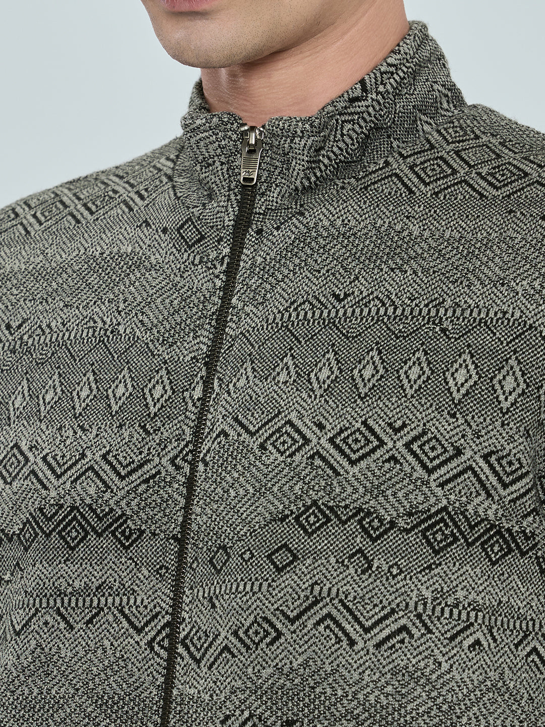 Men Grey Self Design Turtle Neck Full Sleeve Knitted Jacket