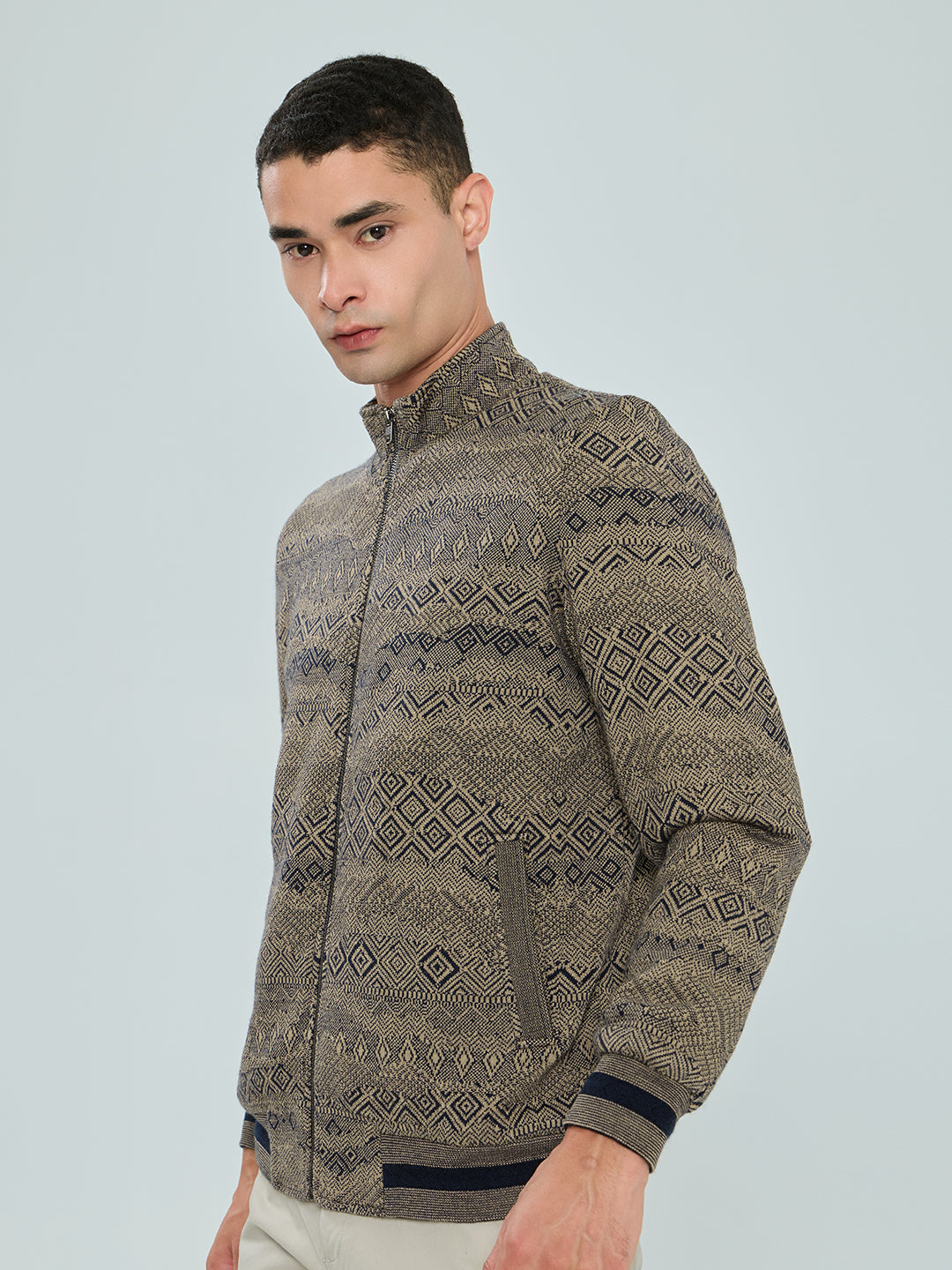 Men Brown Self Design Turtle Neck Full Sleeve Knitted Jacket