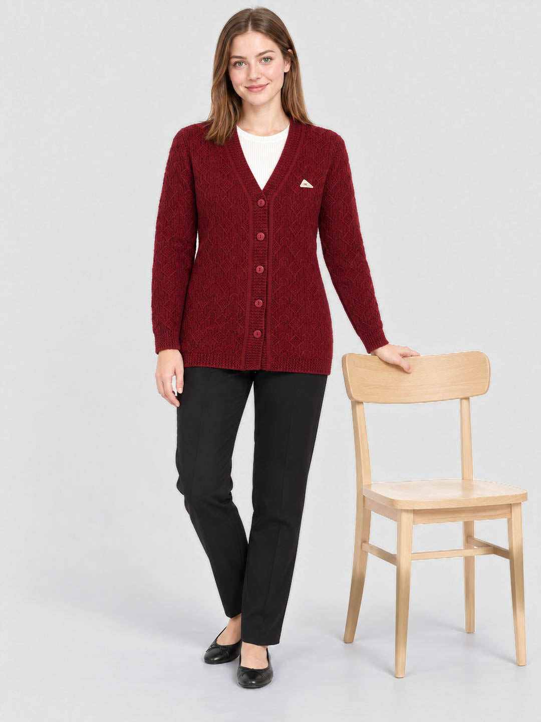 Women Red Self Design V Neck Full Sleeve Cardigan