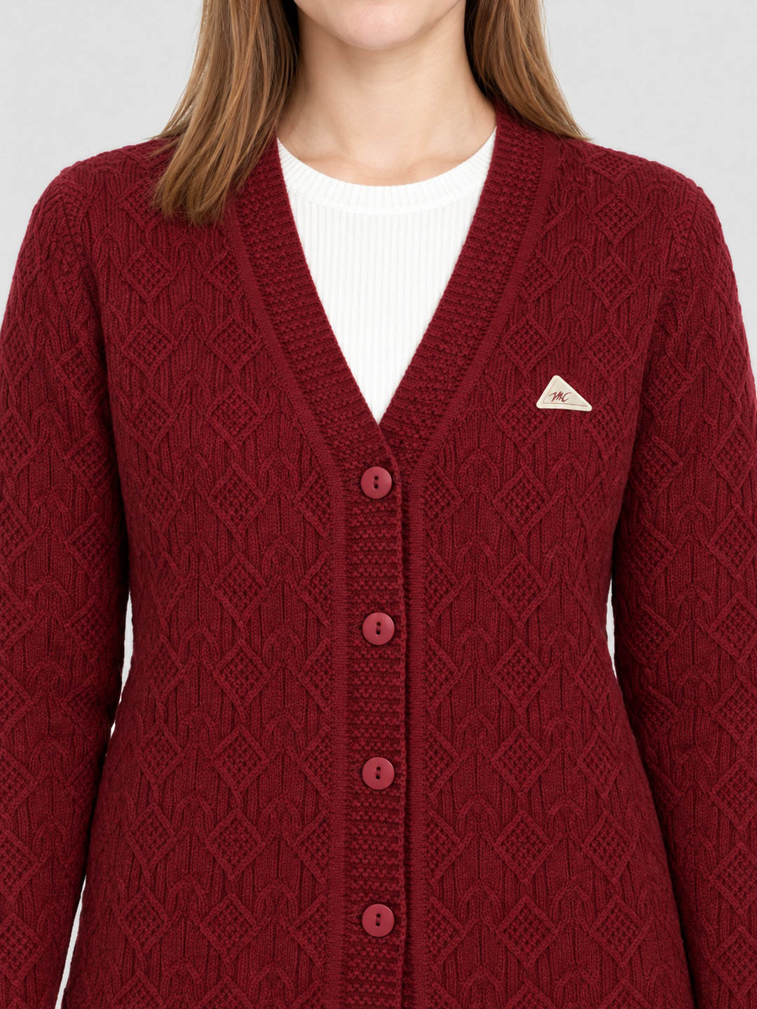Women Red Self Design V Neck Full Sleeve Cardigan