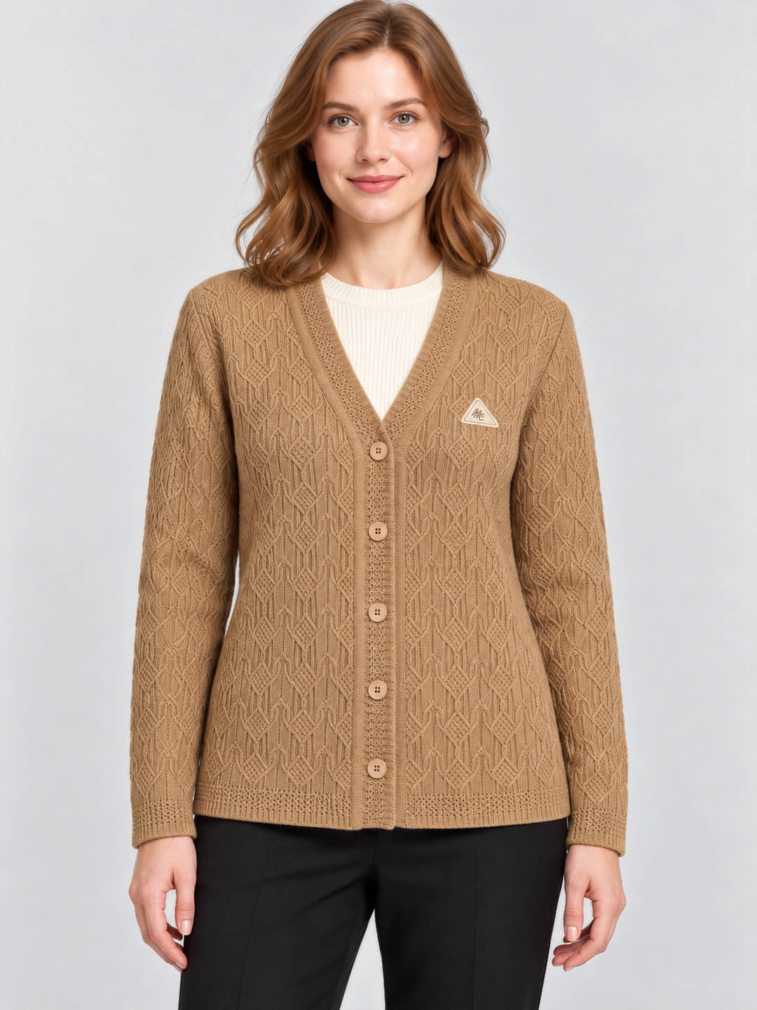 Women Camel Brown Self Design V Neck Full Sleeve Cardigan