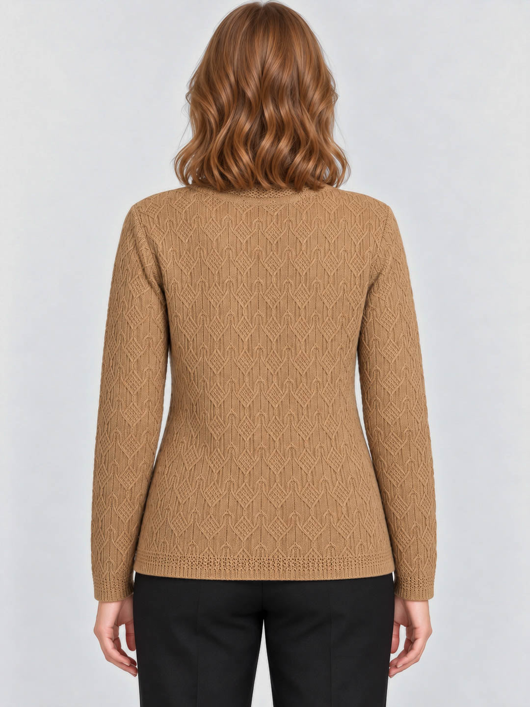 Women Camel Brown Self Design V Neck Full Sleeve Cardigan