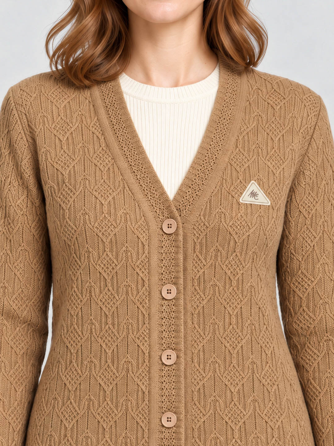 Women Camel Brown Self Design V Neck Full Sleeve Cardigan