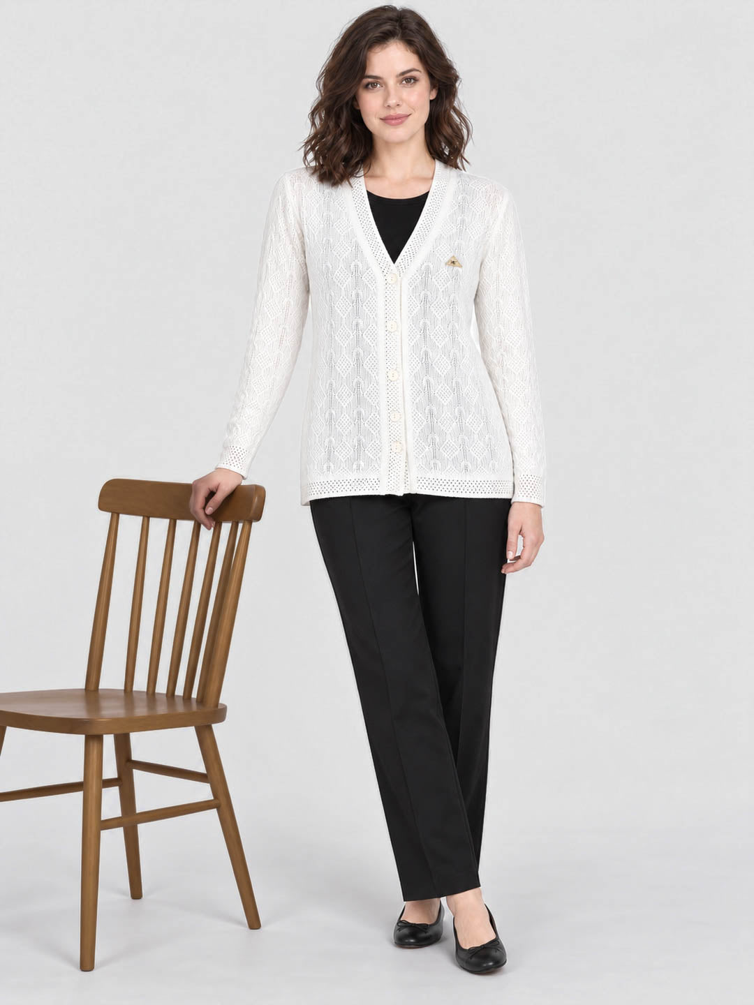Women Off White Self Design V Neck Full Sleeve Cardigan