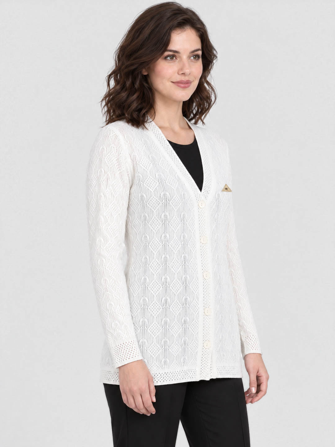 Women Off White Self Design V Neck Full Sleeve Cardigan