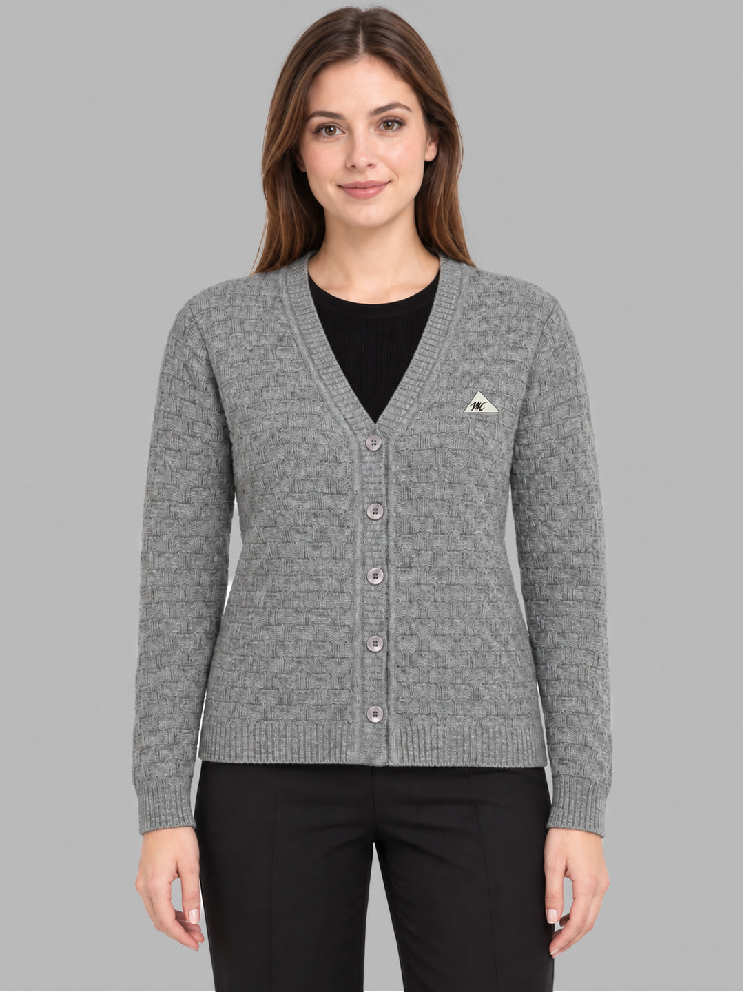 Women Grey Self Design V Neck Full Sleeve Cardigan